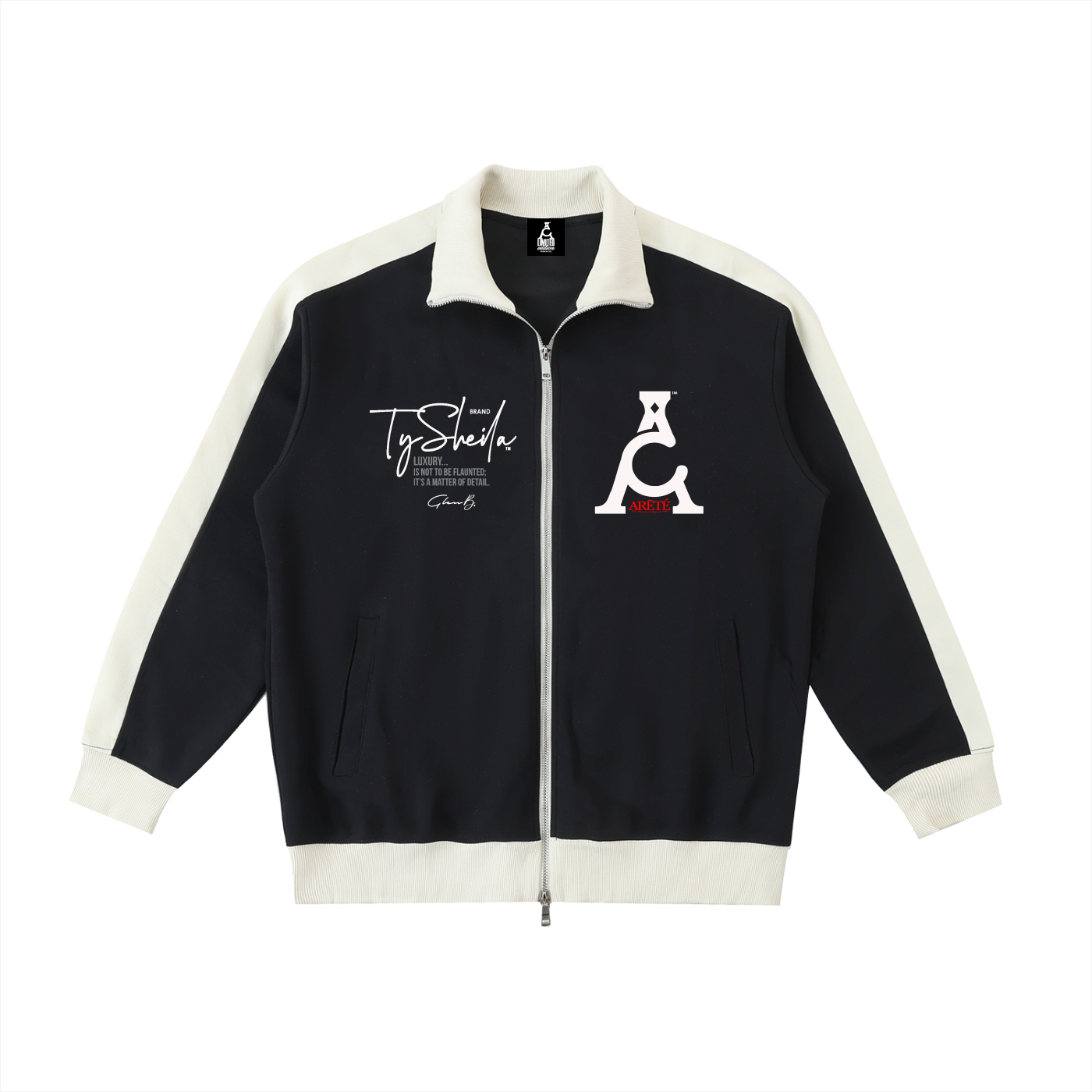 ARĒTÉ Signature Logo Black-White Contrast Trim Stand Collar Jacket