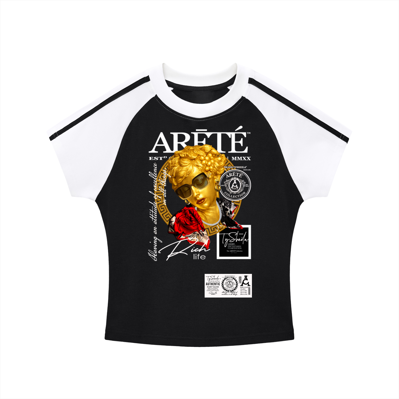 The ARĒTÉ™ Gold Sculpture Bodycon Raglan Sleeve T-Shirt